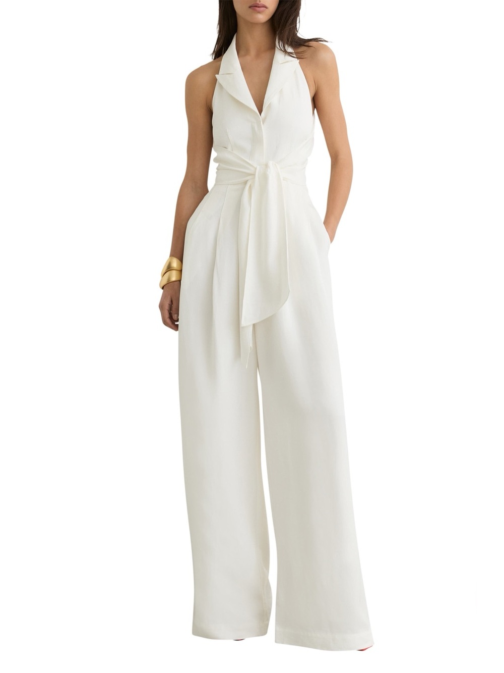 NEW Reiss Taya White Halter Tie-Waist Wide Leg Jumpsuit, Size 10P